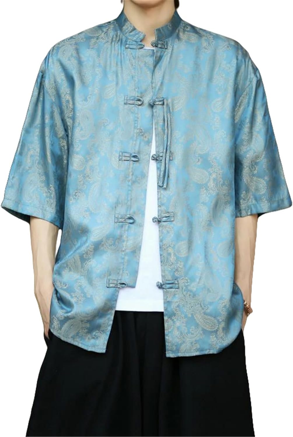 Men's Summer Chinese Style Hanfu Octagonal Jacquard Stand Collar Frog Button Short Sleeve Shirt