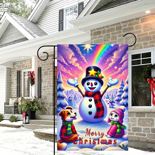 Image of BlissYard Christmas Snowman Garden Flag 12x18 Inch Winter Holiday Scene with Colorful Sky Cute Snowman Friends Festive Outdoor Yard Banner for Home Lawn Porch Patio Seasonal Welcome Decor