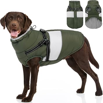 Dog Coat, L Dog Jacket Winter with Harness Built in, Waterproof Pet Snow Jacket with Furry Collar for Chilly Day, Reflective Fleece Snowsuit for Extra Large Dogs, Army Green 3XL