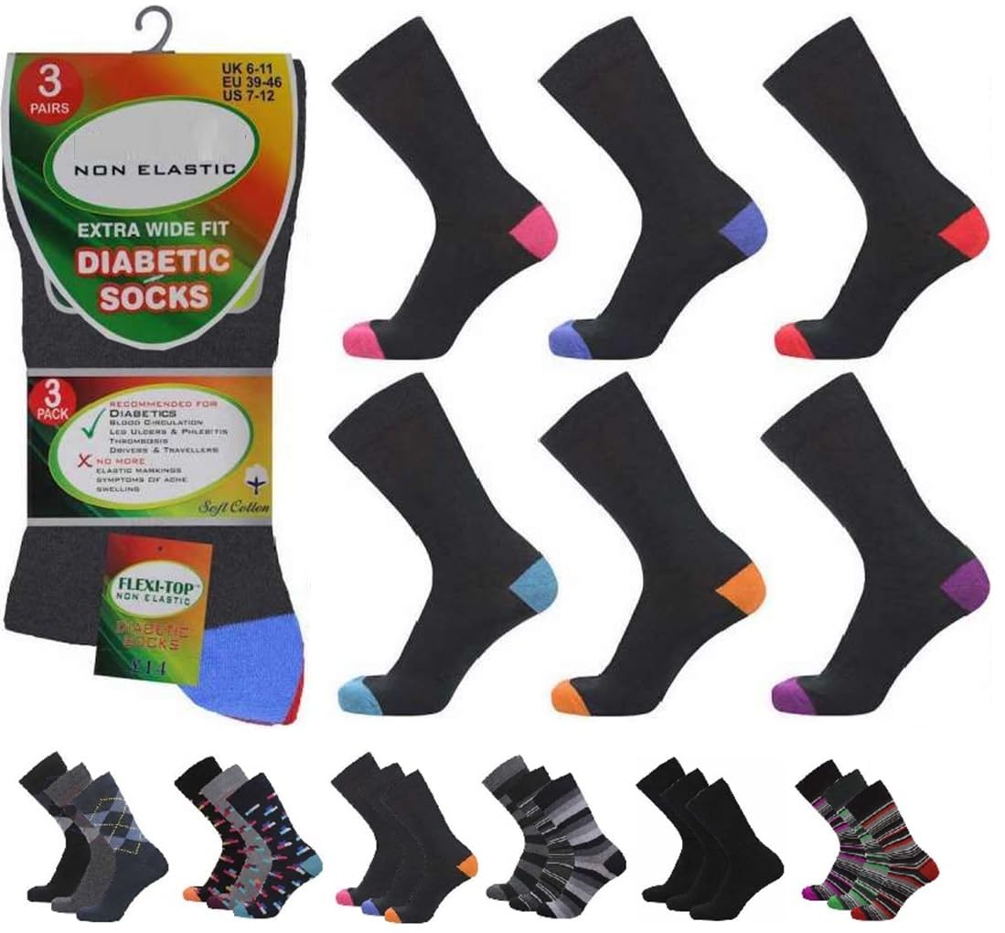 OnlyBee Mens Diabetic Non Binding Socks 3 Pairs UK 6-11 | Extra Wide Loose Fit Soft Top | Rich Cotton Blend Breathable Comfort Socks (Black Heel Toe)