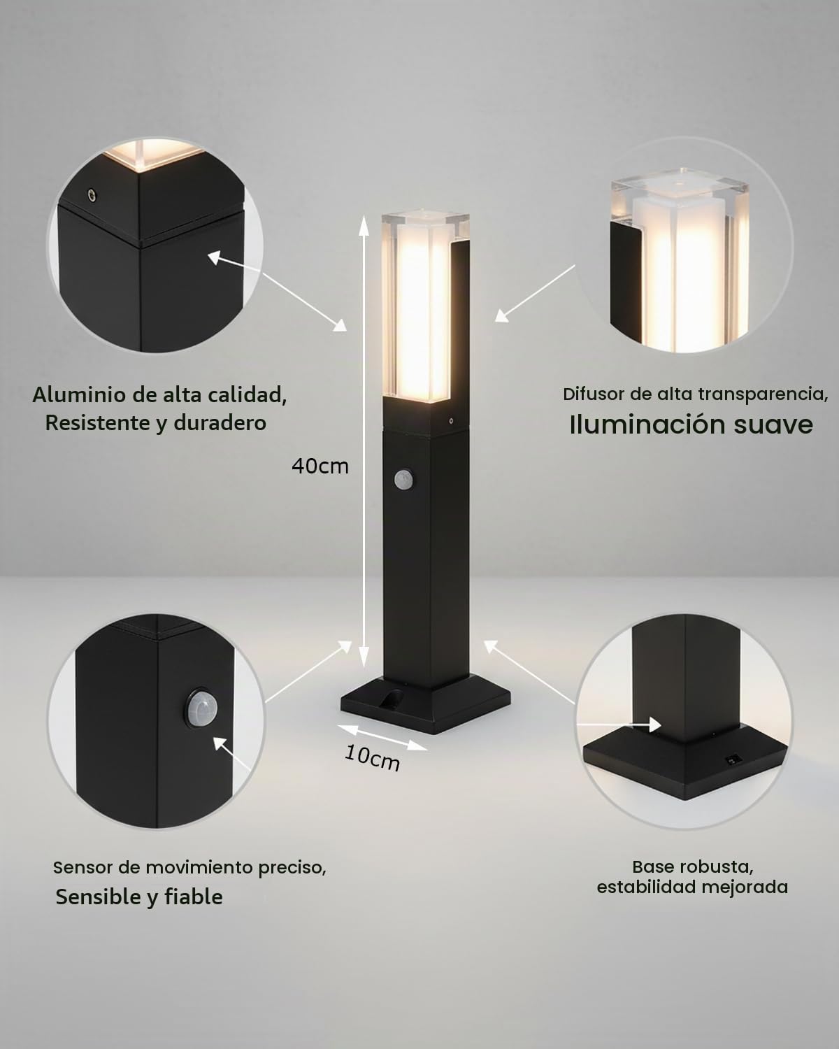 Farolas de Exterior Jardín con Sensor Movimiento, Baliza Exterior LED 220V, IP65, Aluminio, Luz de Bolardo 40cm Lámpara Jardín Poste para Camino y Patio, 3000K, Negro