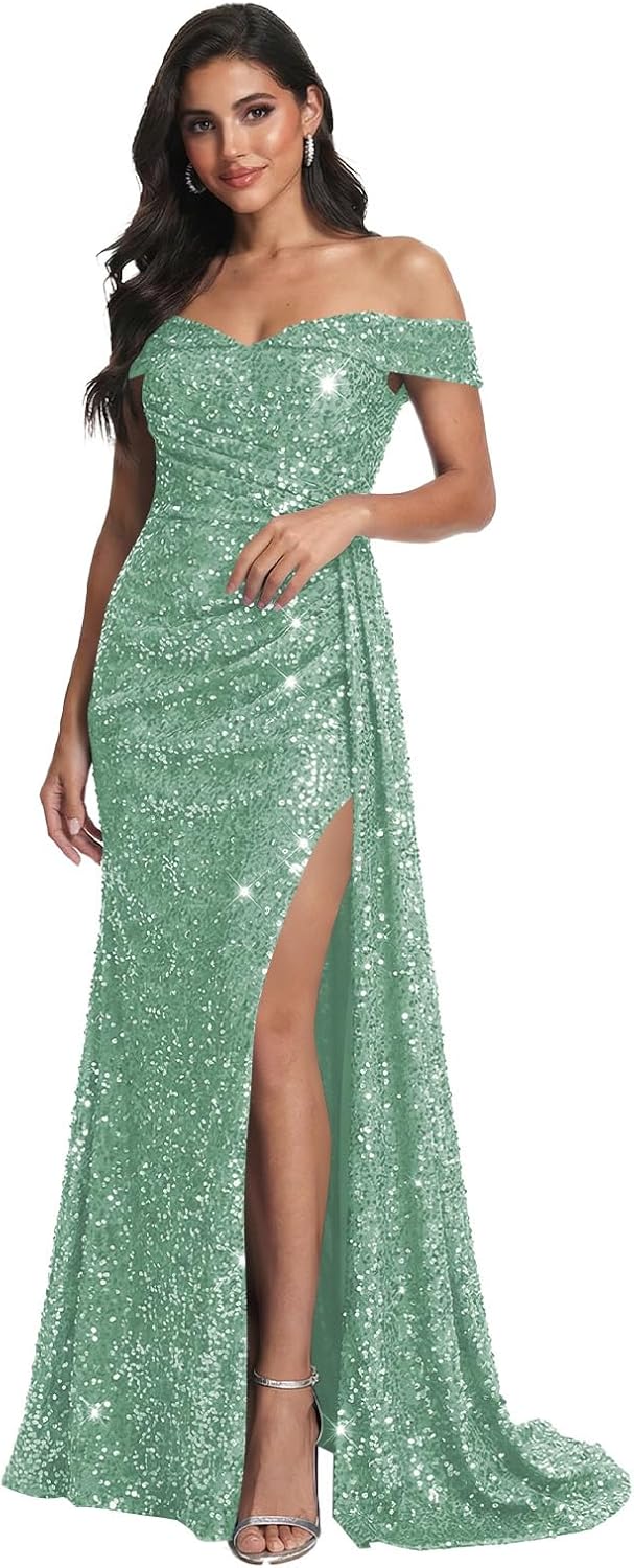 Mint Green Sequins Mermaid Prom Gowns for Teens Plus Size Bodycon Formal Dress with Slit for Women 2026 Off The Shoulder Long Prom Dresses with Train US Size 28W