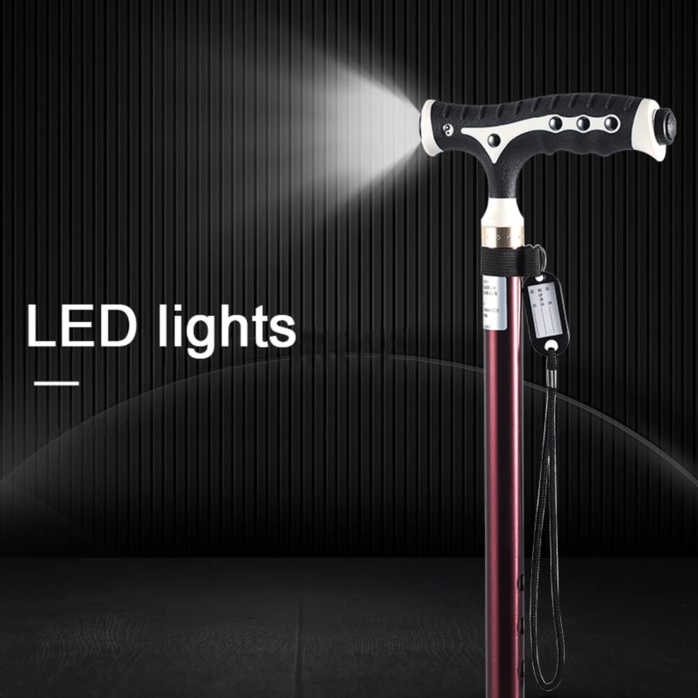HEBEHO Bastón Cuadripode con Luz LED, Bastón De Aluminio para Ancianos, Mango Ergonómico, con Correa para La Muñeca, Bastón para Caminar con 4 Patas (Color : Wine Red)