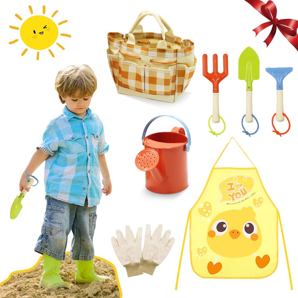 Kids Gardening Set,7 PCS Toddler Gardening Set Include Tote Bag,Rake, Fork,Shovels,Apron,Toddler Gardening Gloves and Kids Watering Can,Kids Gardening Tools Gift,Gardening Tools for Kids Age 3-8