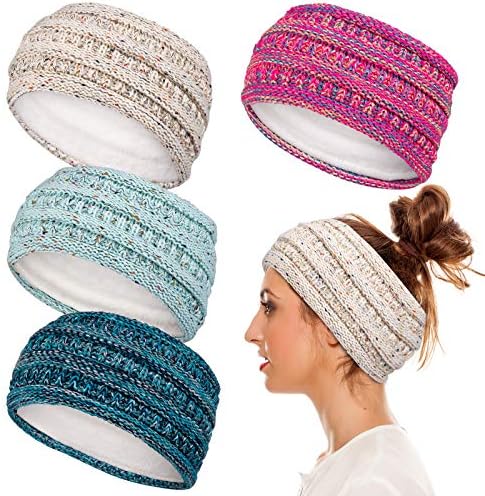 Whaline Ear Warmer Headband Pink Blue Confetti Head Wrap Winter Fleece Lined Thick Crochet Turban Stretchy Cable Knitted Headband for Men Women Girl Outdoor Sports Skiing Camping Hiking, 4 Pack