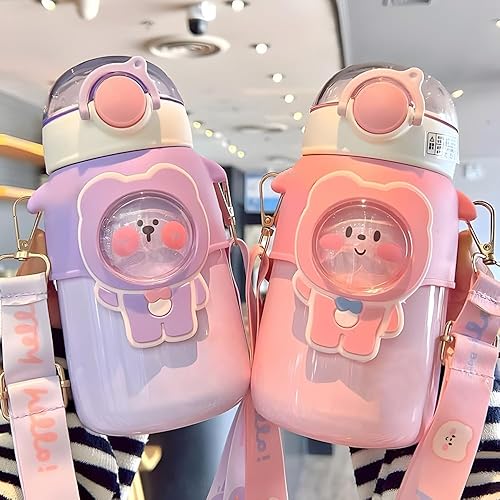 Kawaii Bear - Botella de agua con popote y correa para el hombro, a prueba de fugas, de acero inoxidable al vacío, sin BPA, lindas botellas de agua