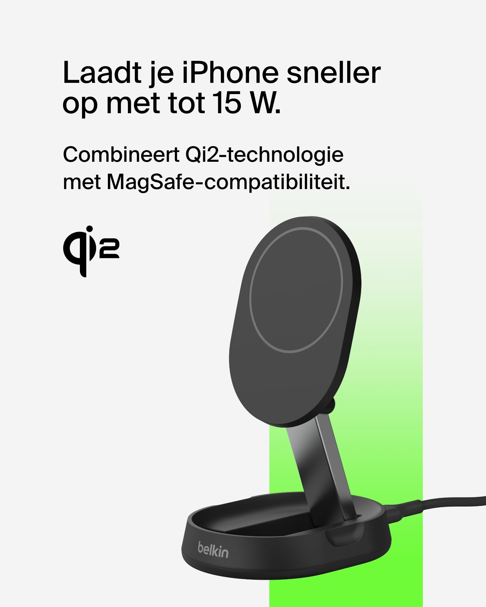 Belkin BoostCharge Pro verstelbare magnetische 15W-laadstandaard, MagSafe-compatible Qi2 draadloze oplader, magnetisch laadstation, snellader voor iPhone 16, 15, AirPods, inclusief 20W-adapter - Wit