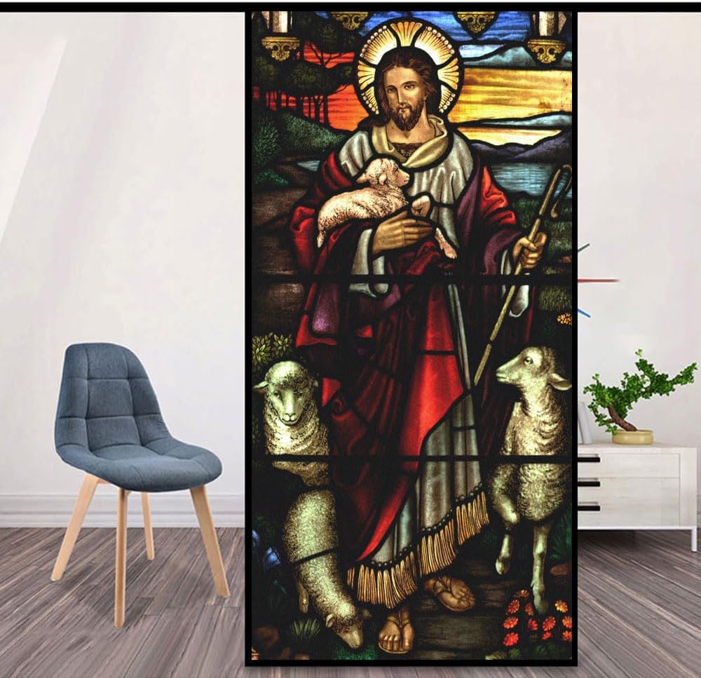 Static Electricity Frosted Privacy Window Film Anti UV Blocking Heat Control Window Sticker Cathedral Painting Glass Window Decoration W31.5 x H59.1(80x150cm)