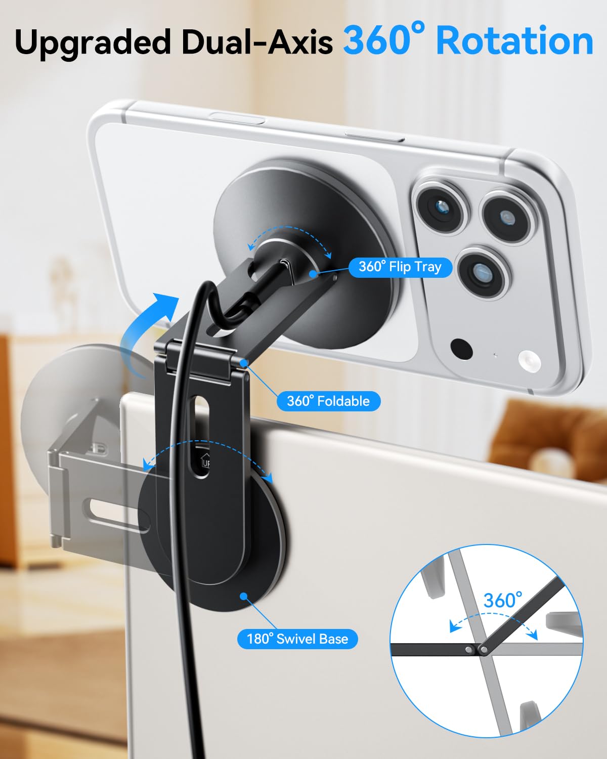 Soporte Magnético para Teléfono y Portátil con Carga Inalámbrica 15W, Soporte Plegable Compatible con MagSafe para iPhone 17/16/15/14/13/12, Monitor y Tesla 3/Y/S/X, Negro, Aluminio