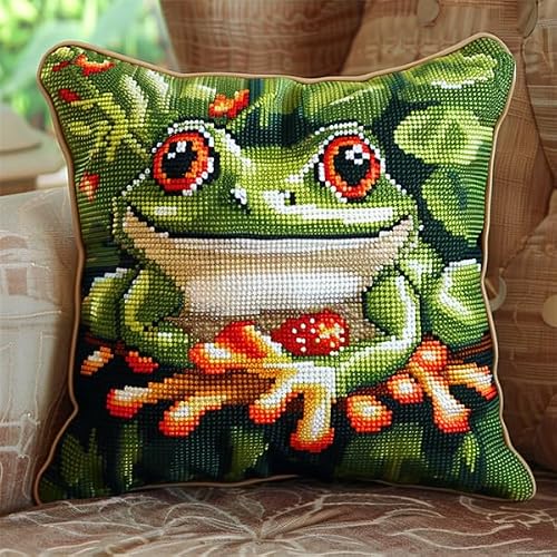 Kitphoenix Diy Needlework Kit Embroidery Pillow Canvas Cushion Frog Cross Stitch Pillowcase Diy Printed Cross Stitch Pillow Kits 17.7X17.7 Inch (45X45cm)