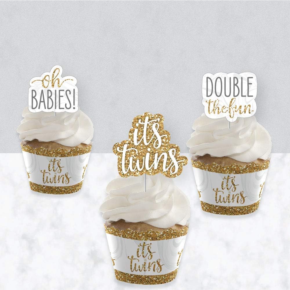 Big Dot of Happiness It’s Twins - Cupcake Decoration - Gold Twins Baby Shower Cupcake Wrappers and Treat Picks Kit - Set of 24