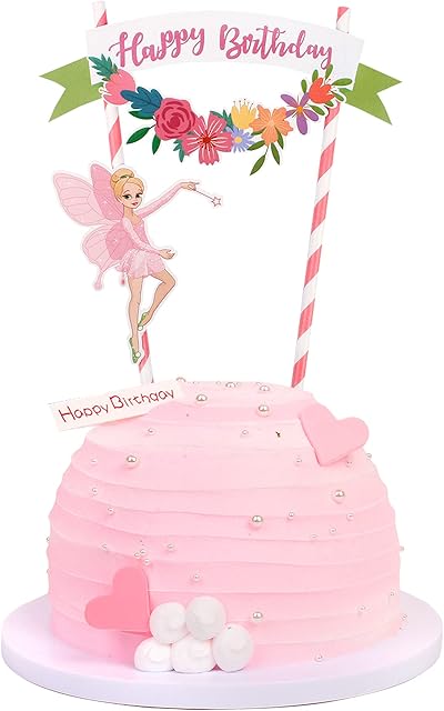 Blumomon 1Pc Pink Flower Fairy Cake Topper Happy Birthday Banner Flower Fairy Cake Bunting Topper Baby Shower Cake Decoration Girl Birthday Party Forest Theme Party Supplies