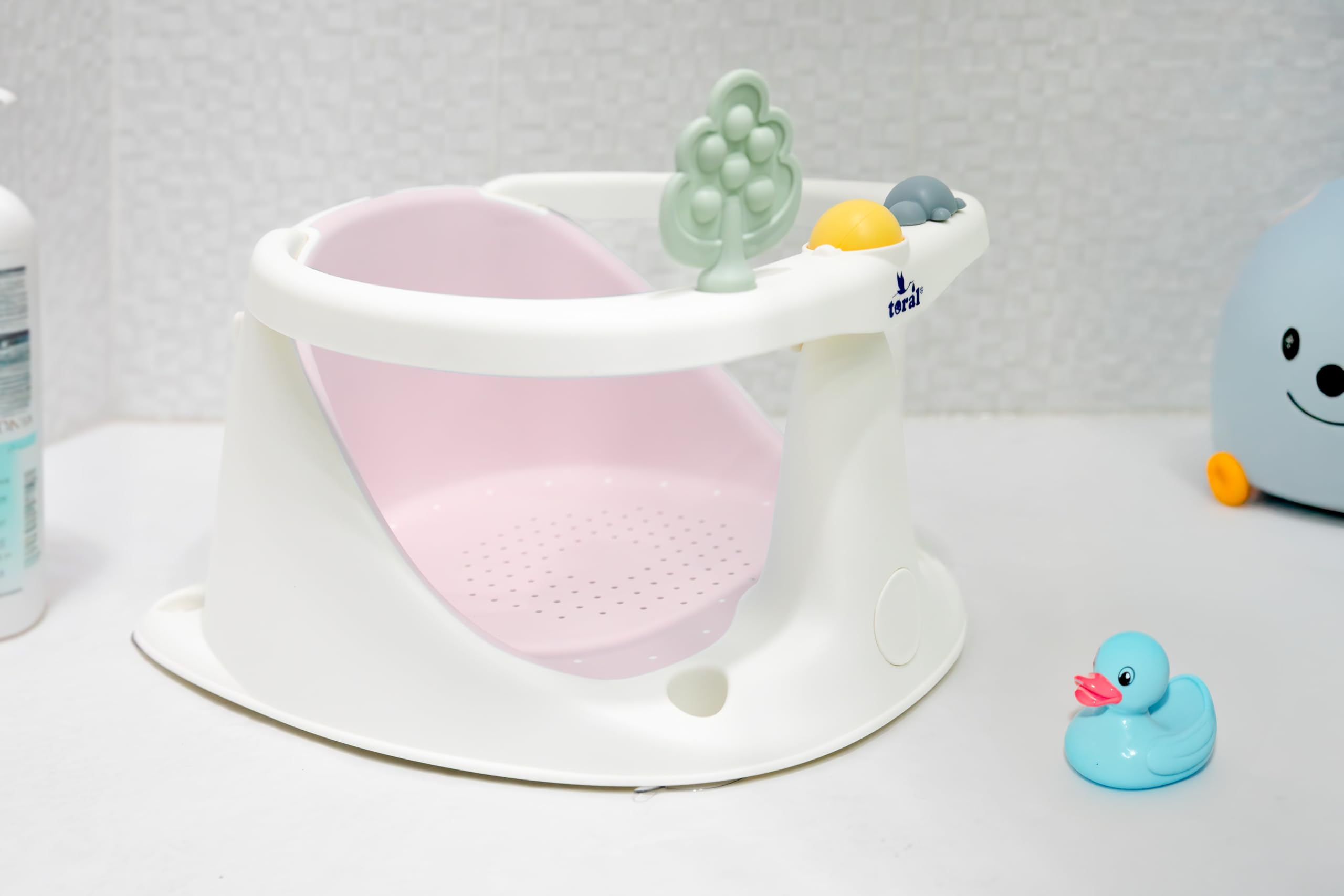 Toral Asiento Bañera Bebe Seguro y Estable – Soporte Bañera Bebe con Ventosas Antideslizantes, Cómodo y Resistente – Adaptador Bañera Bebe Práctico - Modelo Chapoteos Rosa