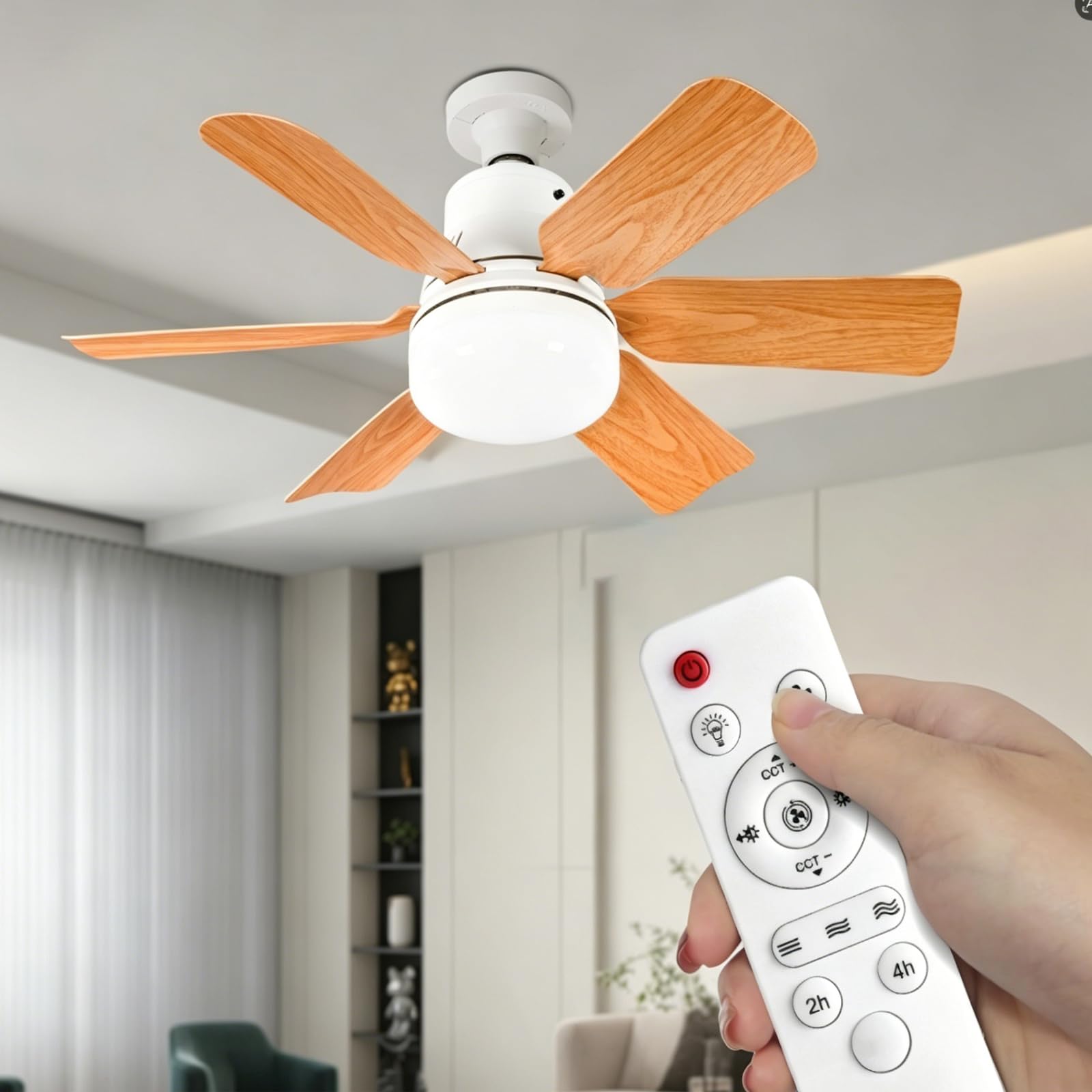 Oehug E27-Wood Ceiling Fan Light,Wood Grain,E27 Fan Lights With Remote Control,Dimmable 40W 2400 Lumens 3-Color 3-Speed,2H/4H Timer,51Cm Light Bulb Fan,Ceiling Fan With Light For Bedroom,Kitchen (E27-Wood)