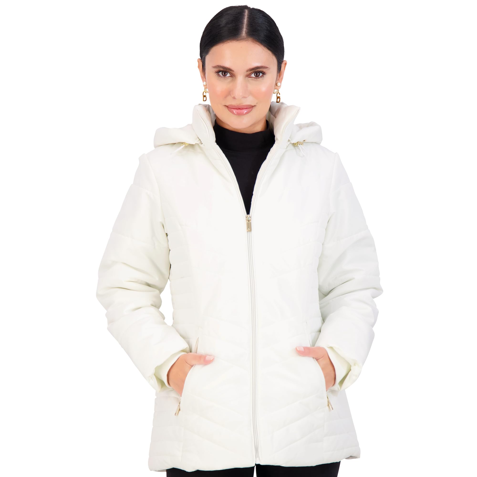 jones new york women's puffer jacket zippered removable bungee hood winter coat - white - 2x