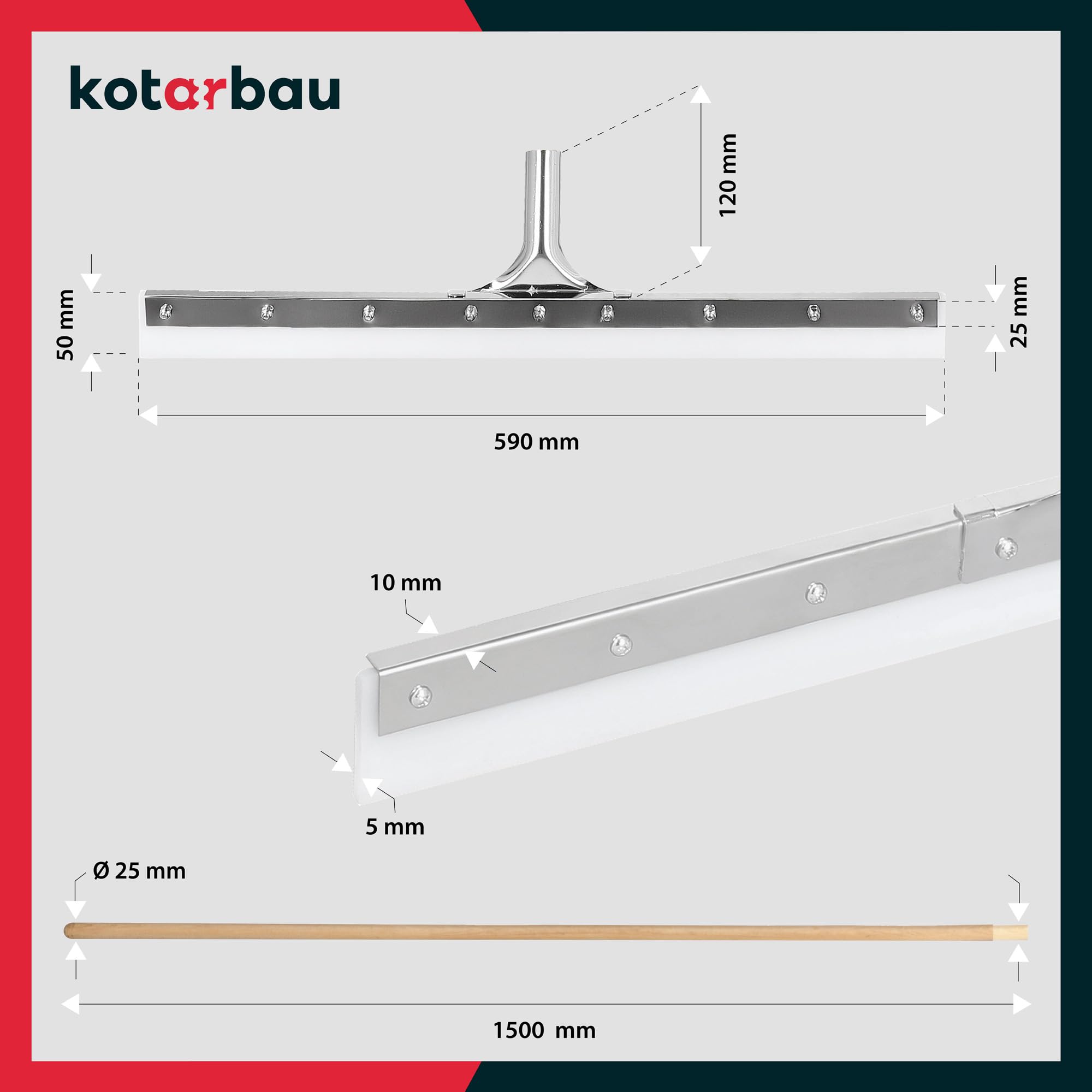 KOTARBAU® Ściągacz Silikonowy - 59 CM - Ściągaczka do Wody - Guma do Ściągania Wody z Podłogi Posadzki - Metalowa - Trzonek Drewniany - 150 CM