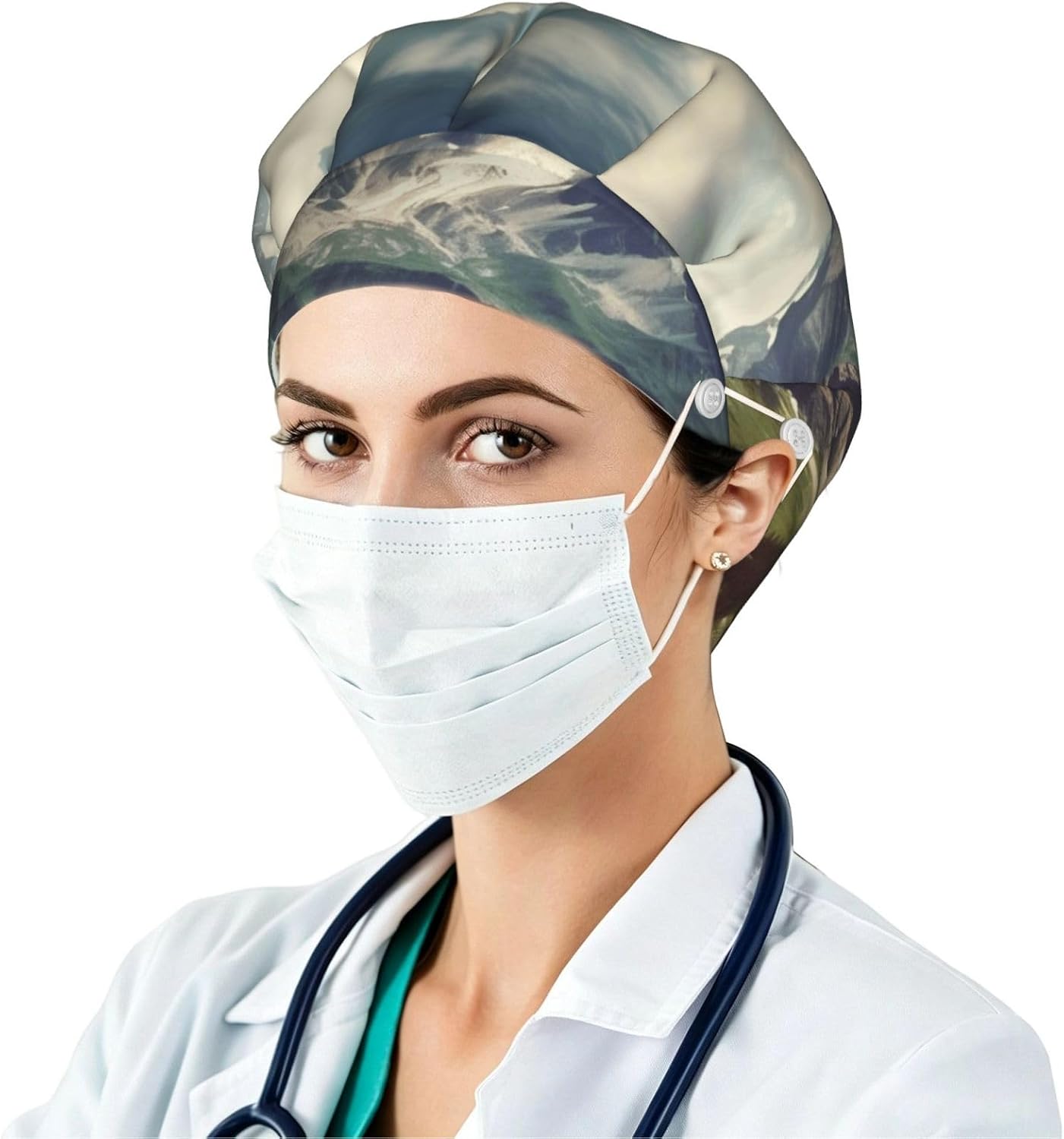 Mountains Scenery Bouffant Cap with Buttons, Sweatband Cap Black