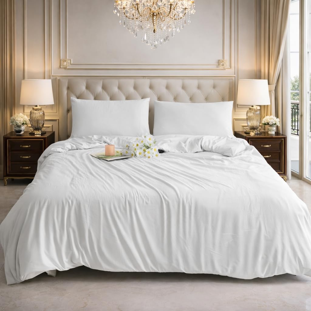 CHARKHAH King Duvet Cover Set White โ Soft Microfibre Duvet Cover with 2 Pillowcases, Plain Reversible Duvet Set with Zipper Closure โ Breathable, Easy Care Bedding UK Size 230ร220 cm