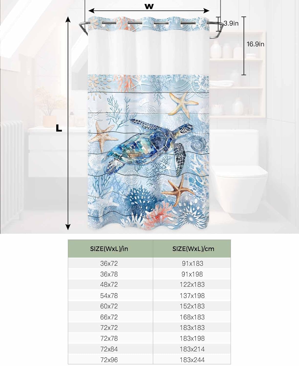 Blue Turtle No Hook Shower Curtain with Snap in Liner Summer Ocean Beach Starfish Coral Wood Board Shower Curtain for Bathroom, Fabric Waterproof Inner Liner, Hotel Style with Mesh Top Window, 36x78