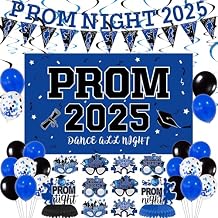 Prom 2025 Decorations Set, Graduation Party Supplies Prom 2025 Backdrop, Prom Night Banner, Balloon, Grad Photo Booth Props, Honeycomb Centerpieces, Paper Eyeglasses Blue