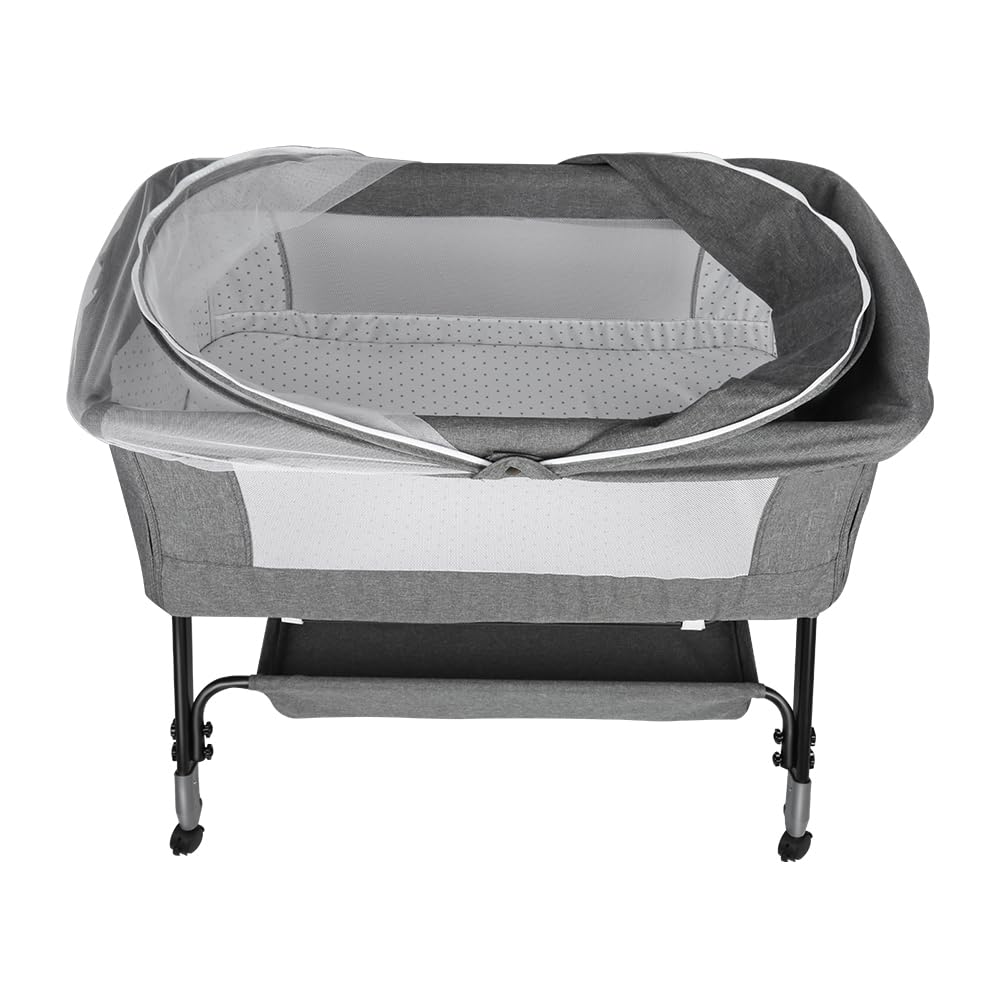 HUOLE Culla Neonato Pieghevole, fino a 20kg4 Altezze Regolabili, Culla Co-sleeping con materasso e zanzariera 2 in 1 Lettino Co-sleeping per neonati da 1 a 36 mesi -104 * 52 * 100-110 cm-grigio lino