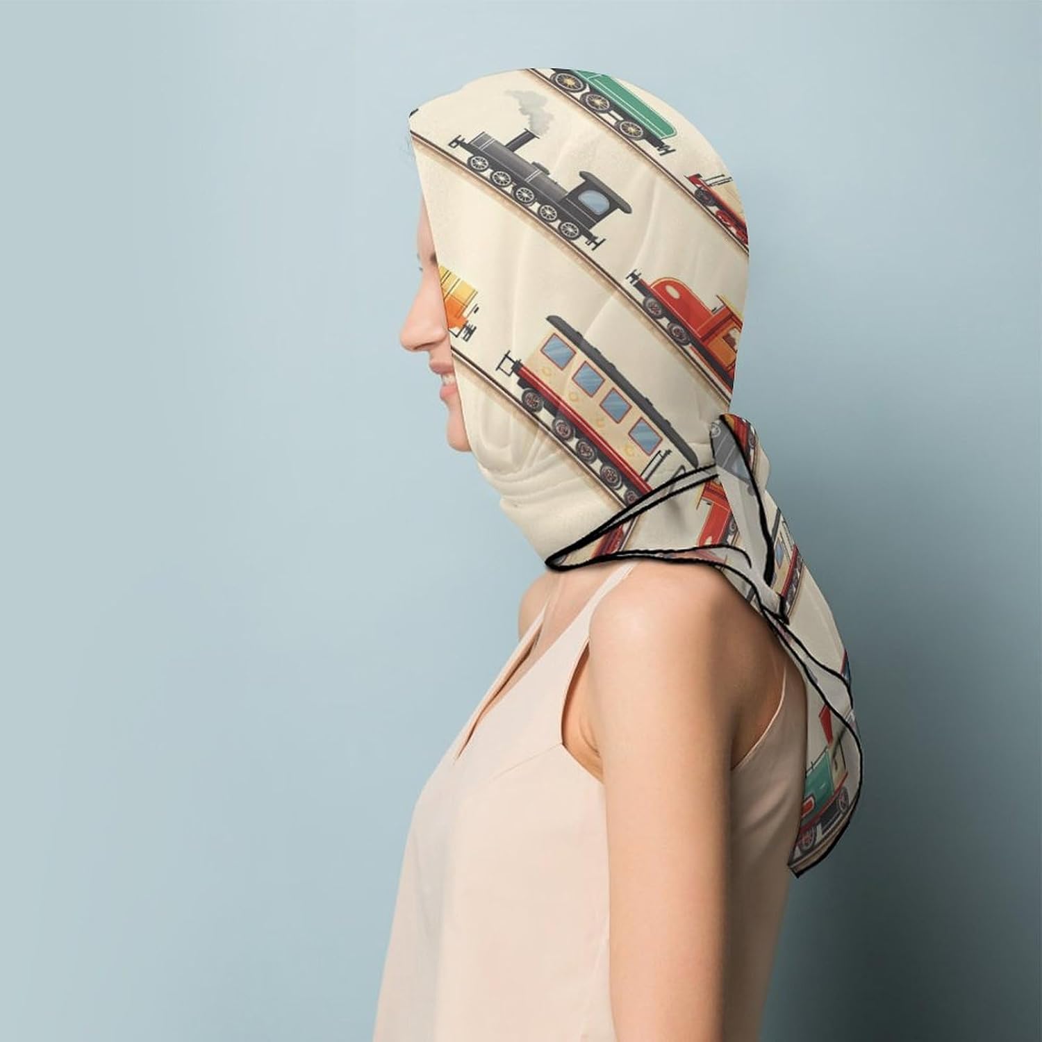 Steam Train Silk-Like Square Scarf for Women Vintage Printed Neck Scarf Bandanas Hair Scarves