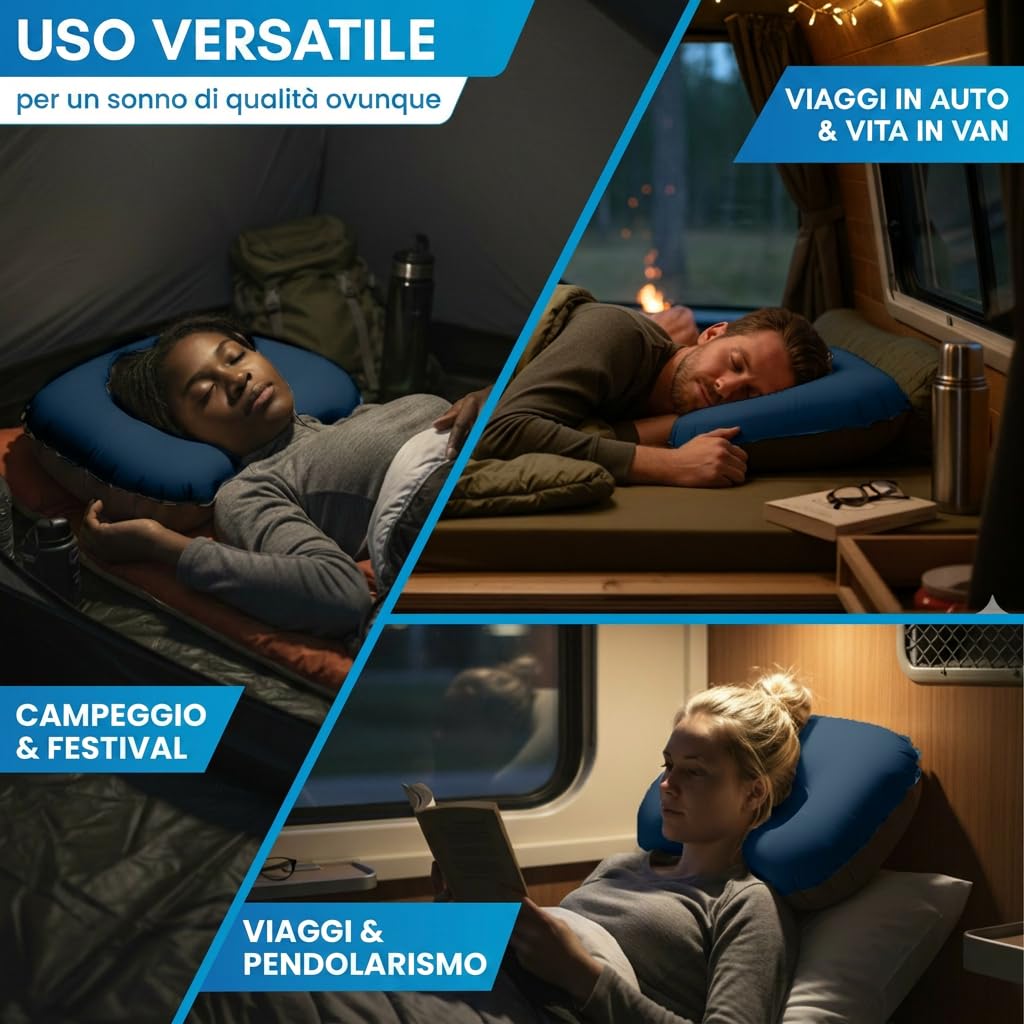 NORDMUT® Cuscino da Camping Gonfiabile [SoftSleep+] confortevole ultraleggero-piccolo ingombro – cuscino da viaggio gonfiabile con federa lavabile (Blu)