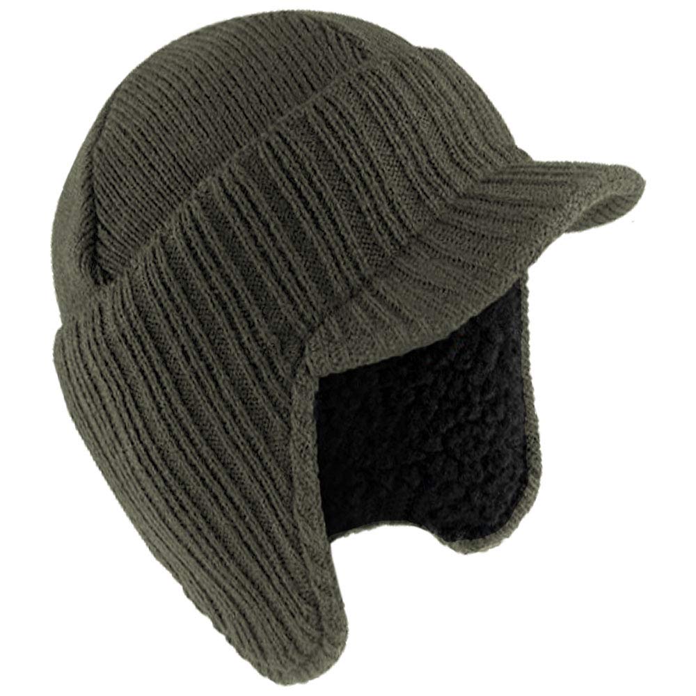 Rockjock Men's Khaki Knitted Peaked Winter Hat Cap Beanie With Fleece Lining