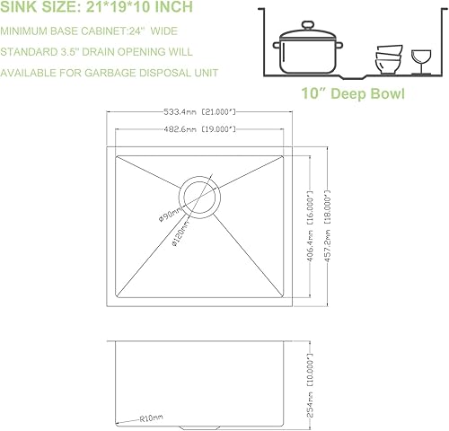 Miniatura 4 de Lofeyo - Fregadero de barra empotrado de 21 pulgadas, fregadero de cocina de acero inoxidable de calibre 16, esquina redonda, cuenco individual