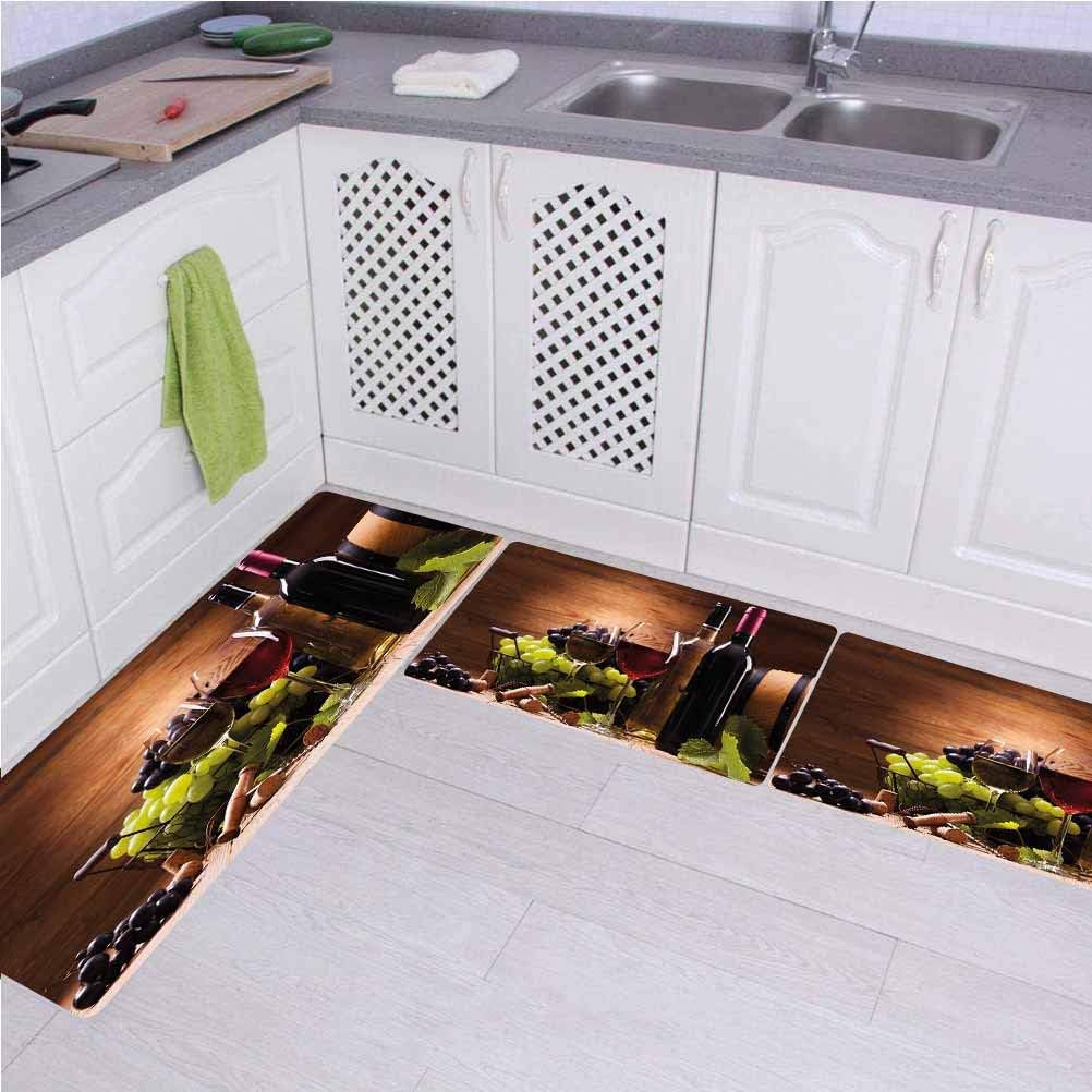 Wine 3D Non-Slip Kitchen Mat Runner Rug Set,3pc Kitchen Rug Set,Glasses of Red and White Wine Served with Grapes French Gourmet Tasting Decorative,for Entryway Kitchen and Bedroom,Brown Ruby Light Gre