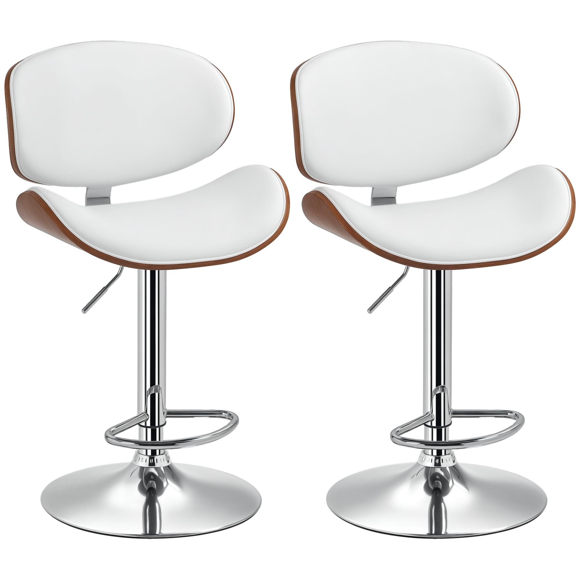 HOMCOM Taburetes Barra 2 Respaldo Altura Ajustable Giratorio Blanco