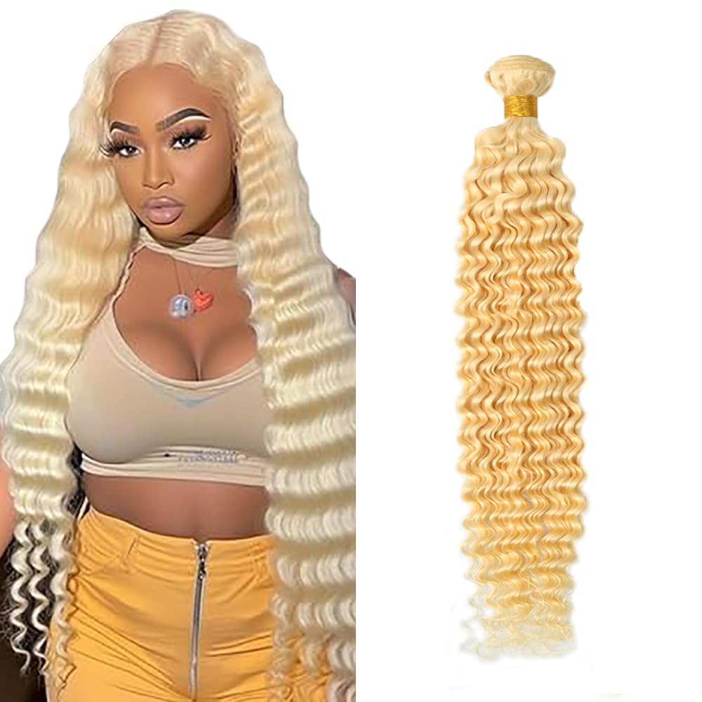 Zeslaerr Human Hair Bundles #613 Bleach Blonde Color Deep Wave Knotless Double Weft Weave Natural Color Human Hair Extension For Woman Single Bundle 100g 14 Inch