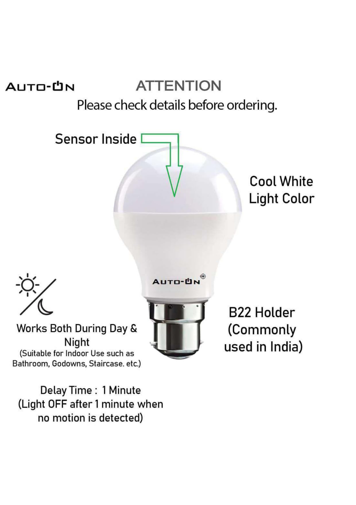 Auto-ON Motion Sensor LED Bulb (20W) (Automatic ON/OFF) (Works both during Day/Night) (Only Motion Sensing)-Surge Protector-(One Year Warranty) - Cool White- Pack of 1 4
