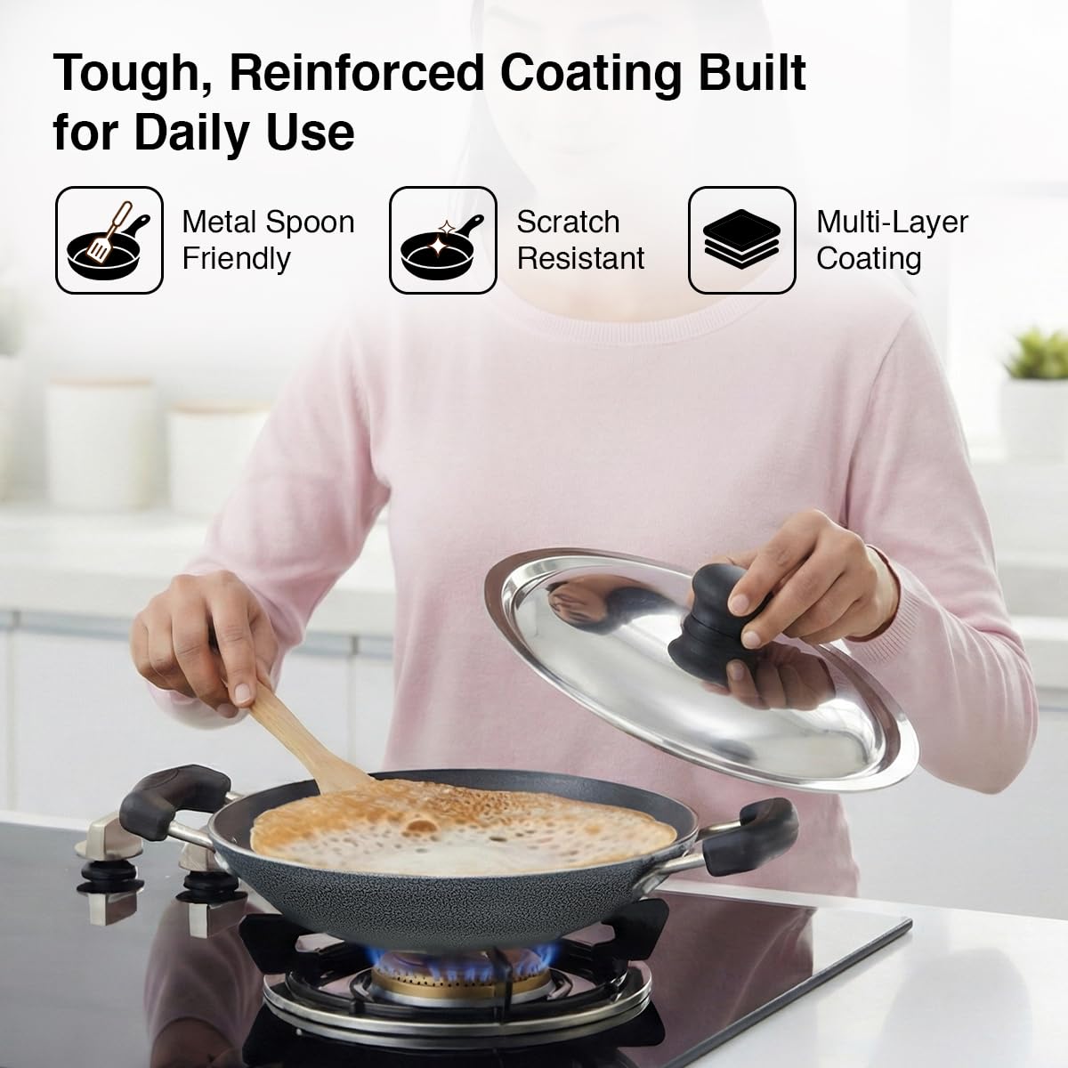 Prestige Omega Select Plus Non-Stick Deep Appachetty with Lid | Black | 20 cm | Residue Free | Scratch Resistant | Comfortable Grip | Spoon Friendly 3