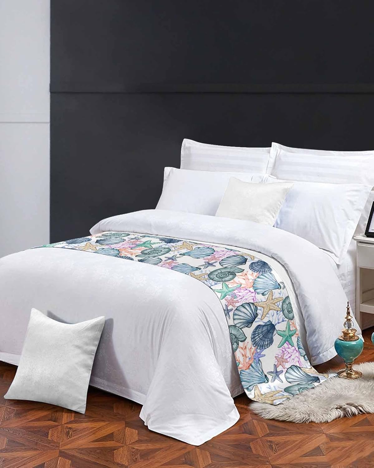 Yukro Bed Runner Scarf, Summer Watercolor Sea Starfish Shell Coral Pattern Queen Bed Scarf Runner, No Fading Decorative Bedding Scarf for Bedroom Hotels Homes and Guestrooms