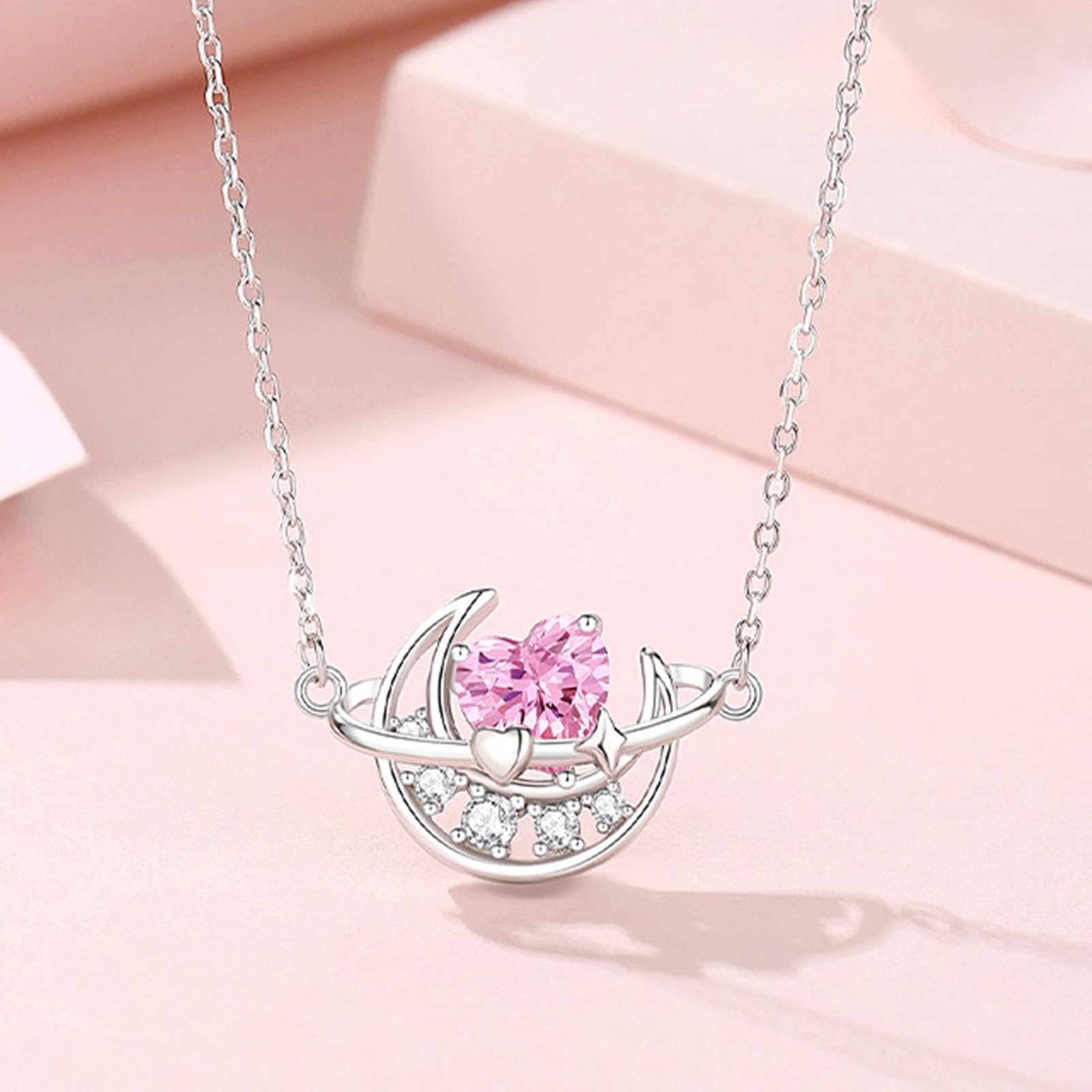 Wycian Collana in oro per la madre della sposa, con zaffiro rosa sintetico e moissanite, collana in oro per lei, 40 + 5 cm