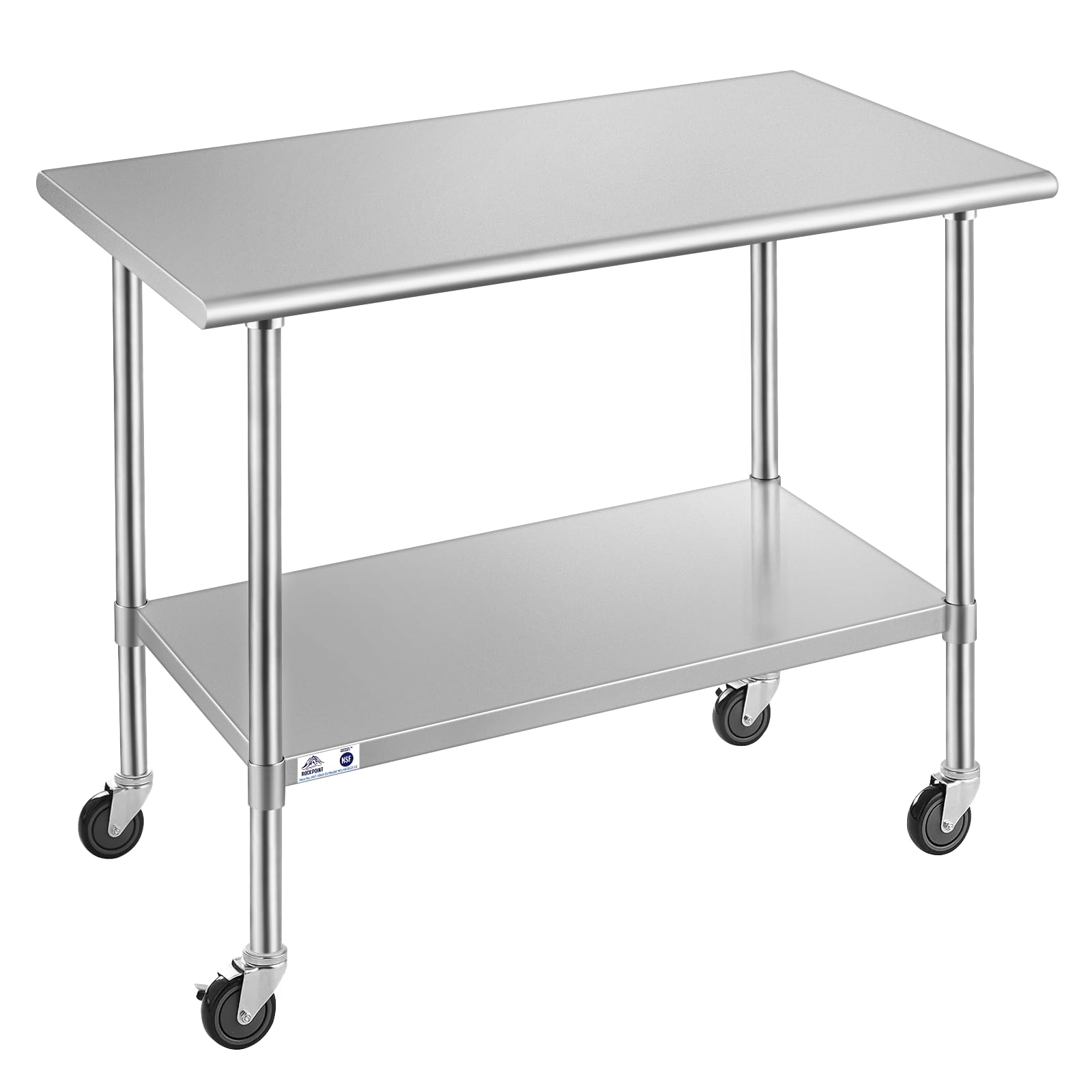 ROCKPOINT Stainless Steel Table for Prep &amp; Work with Caster Wheels 30x48 Inches, NSF Metal Commercial Kitchen Heavy Duty Table with Adjustable Under Shelf and Table Foot for Restaurant, Home and Hotel