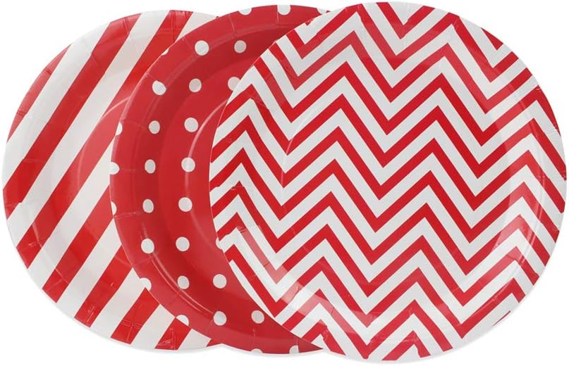 Disposable Red Paper Plates 9inch (36pcs) & Paper Cups 9 oz (36pcs) - Red White Striped, Polka Dot, Chevron Tableware Party Supplies