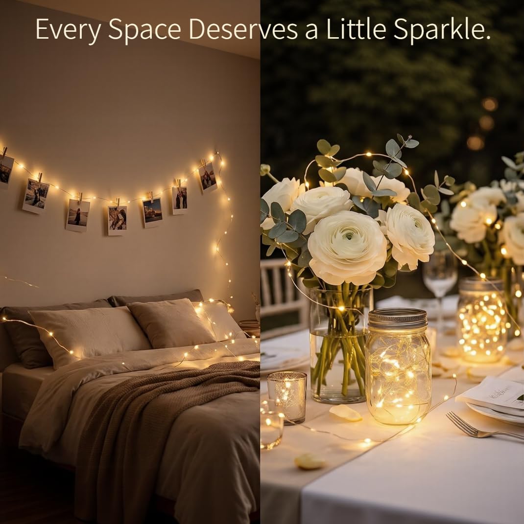Paquete de 24 luces de hadas funcionan con pilas de 2 m, 20 luces LED de alambre plateado, luces estrelladas para bricolaje, bodas, fiestas, festivales, Halloween, Navidad (blanco cálido)