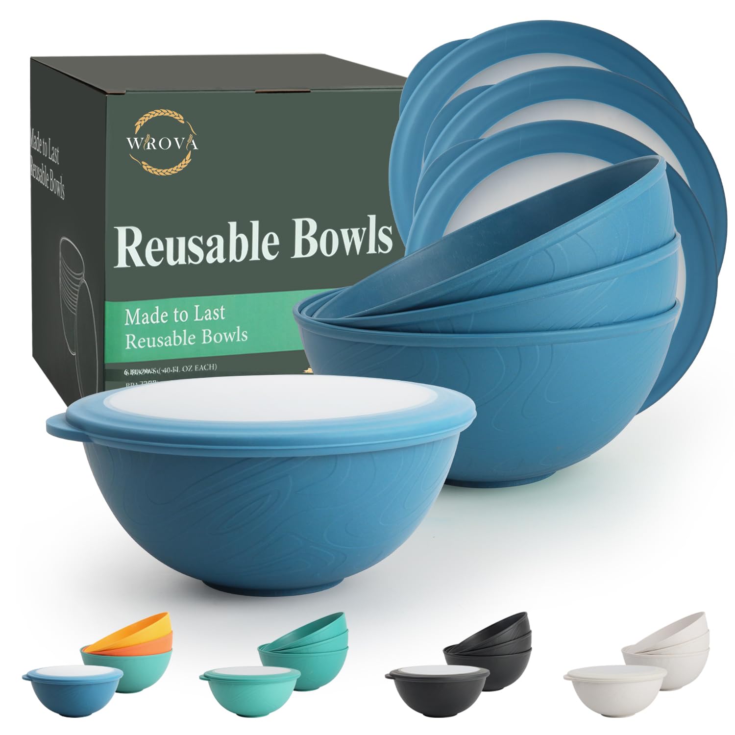 Wrova 40 oz Plastic Bowls Set of 4 with Lid | 1200ml Large Capacity Bowl for Oatmeal, Salad, Fruit, Deep Bowl Set | Reusable Bowls for Kitchen - Microwave and Dishwasher Safe - Blue
