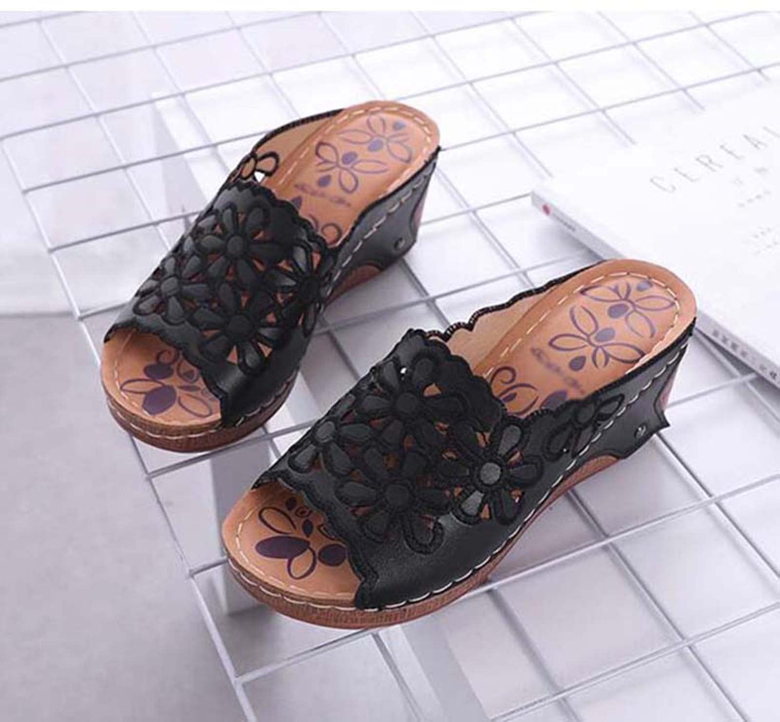 HHZYT Women's Open Toe Wedge Sandals Summer Clogs Mules Platform Loafer Slippers Ladies Flower Embroidered Slip on Sandals Backless Garden Beach Shoes,Black,US8/EU39