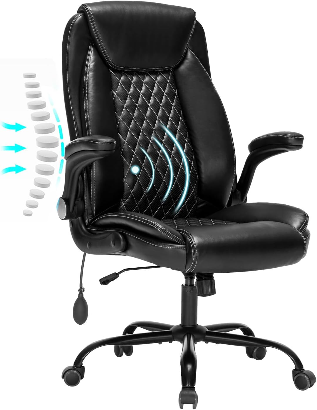 Office Chair, High Back Executive Desk Chairs, Ergonomic Home Computer Chair with Flip Up Armrests and Inflatable Lumbar Support, Leather Swivel Rolling Chair, Adjustable Height & Tilt (Black)