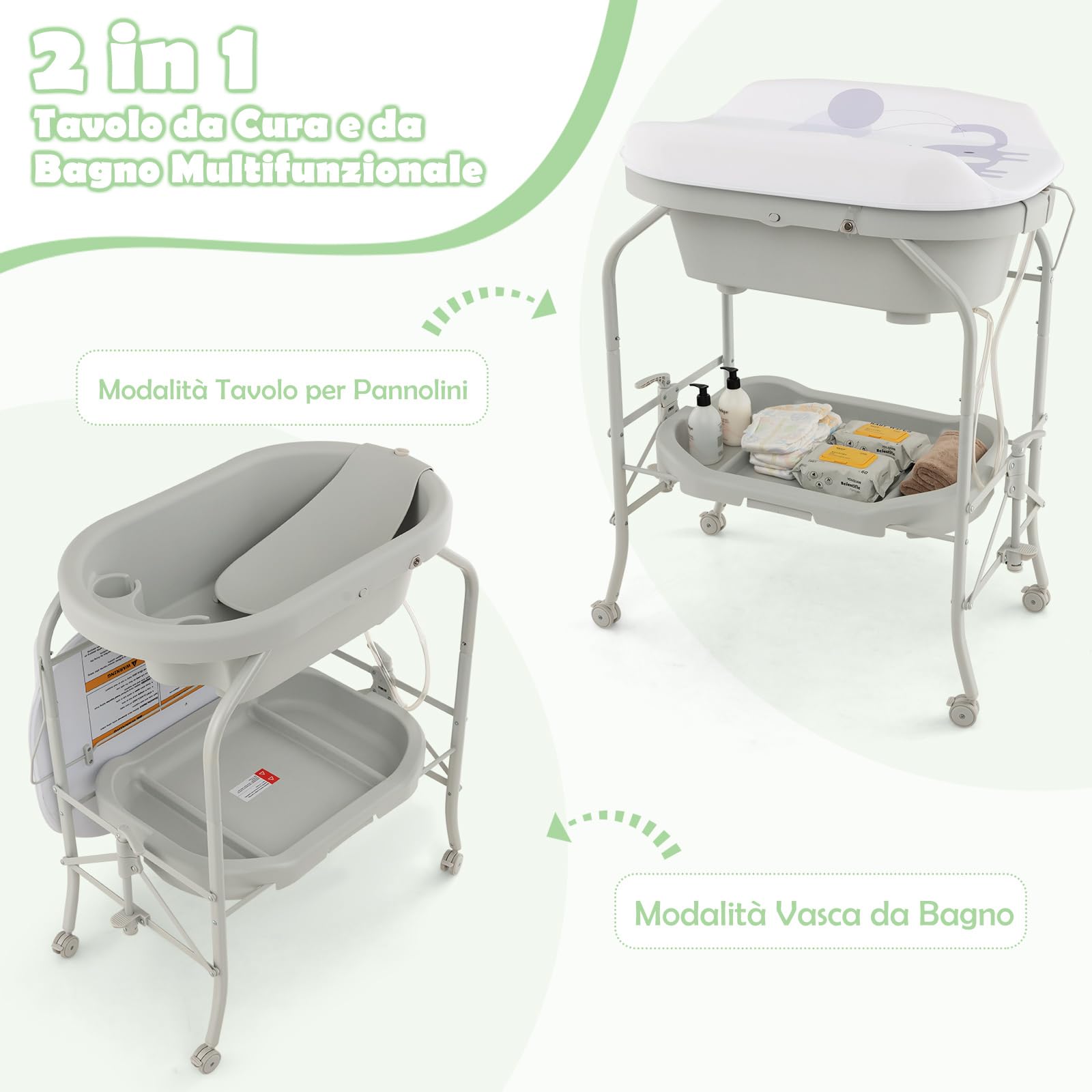 COSTWAY Fasciatoio con Vaschetta Bagnetto 2 in 1, Vasca da Bagno Pieghevole per Bambini, Grigio Chiaro