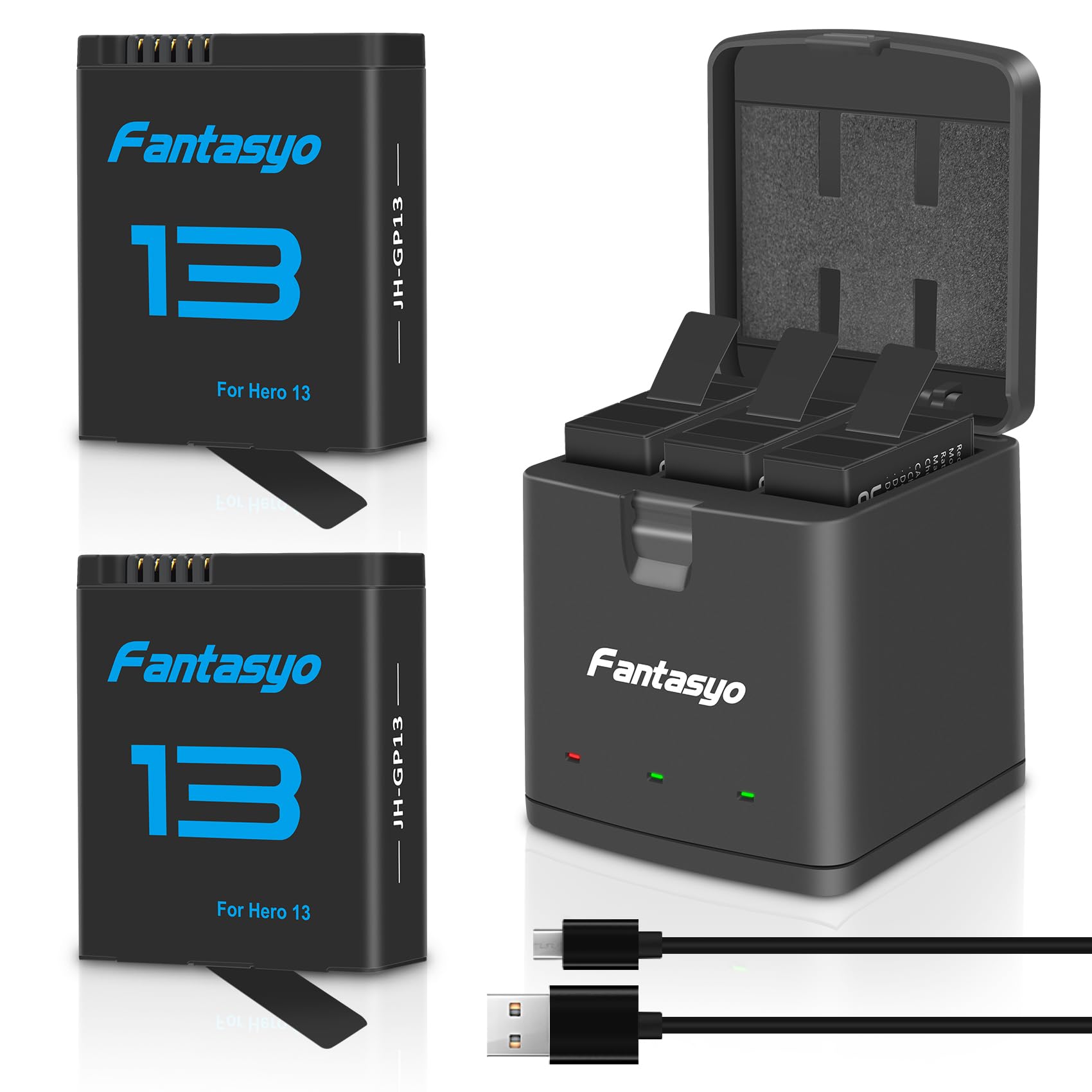 Fantasyo Batterie di ricambio da 2100 mAh (confezione da 2) per GoPro Hero 13 Black e caricatore rapido a 3 canali, completamente compatibili con batteria e caricabatterie GoPro Hero 13