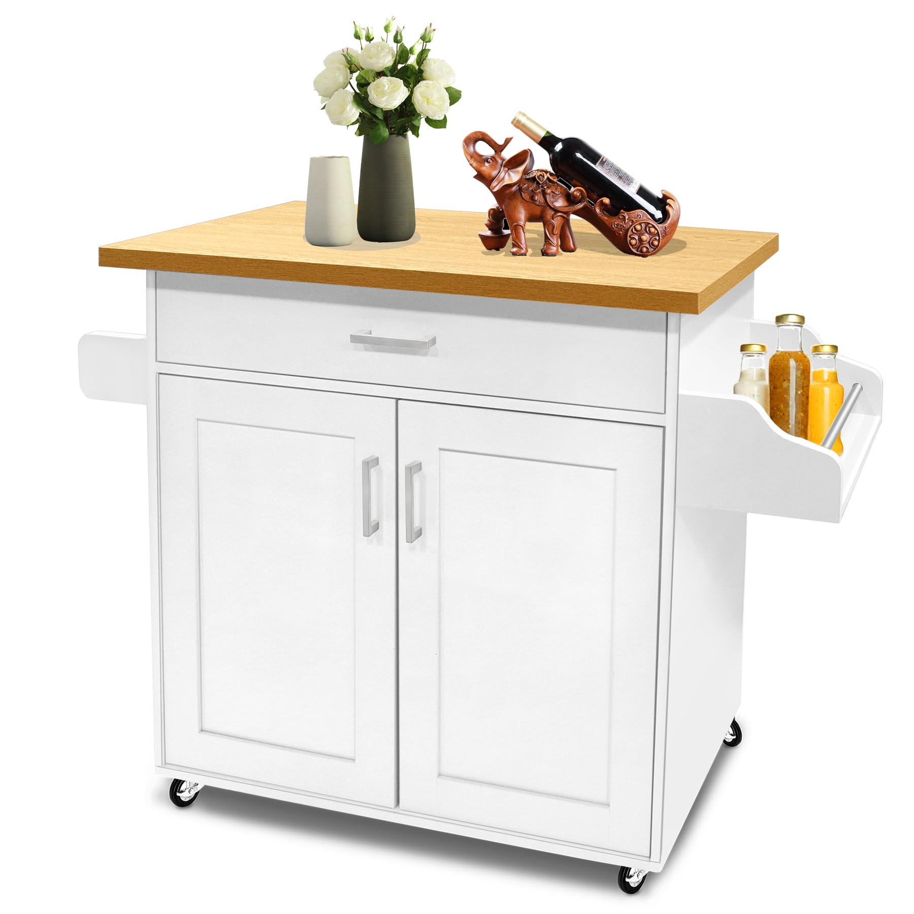 SUBTLETY 115x36x90cm Bewegliche Kücheninseln MDF Arbeitsplatte Küchenwagen mit Rollen, Schublade, Ablage, Handtuchhalter & Gewürzboard Rollwagen Belastbarkeit bis 50KG Esswagen für Party (Weiß)