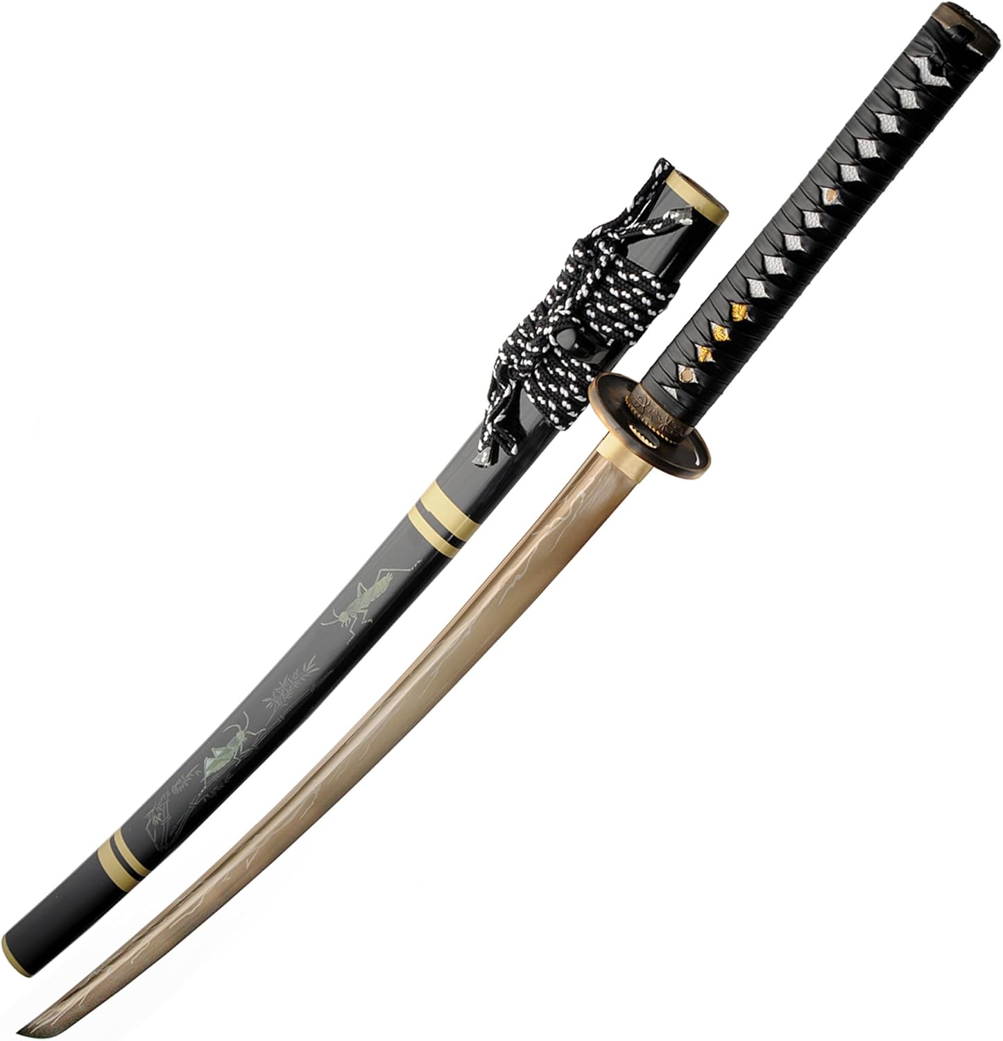 SZCO 41" Samurai Sword– Japanese Katana with1045 Carbon Steel Blade, Cord-Wrapped Handle, Brass Fittings, Black & Gold Scabbard with Grasshopper Design – Full Tang Japanese Sword