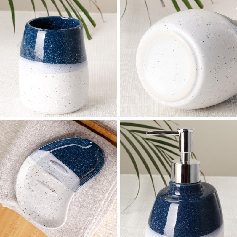 Ceramic Bathroom Accessories Set of 4 Gradient White and Blue Washing Set 2 Gargle Cups,1 Soap Dishes,1 Lotion Dispenser Ideas Home Gift for Ware Home Decor