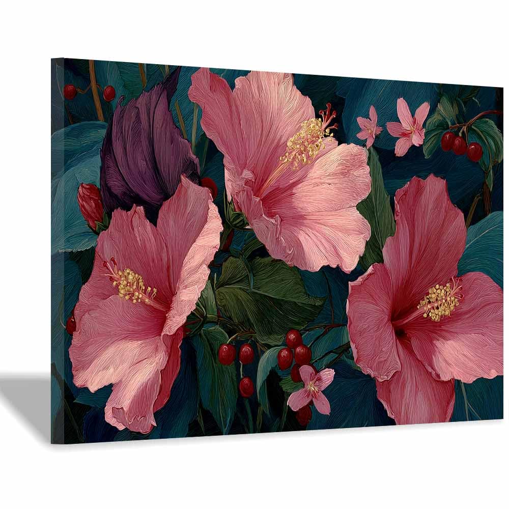 Xeniou Multicolor Flowers Canvas Pink Hibiscus Flowers Canvas Wall Art, For Bedroom Office Home Decorations(Multicolor)-70X100cm Framed