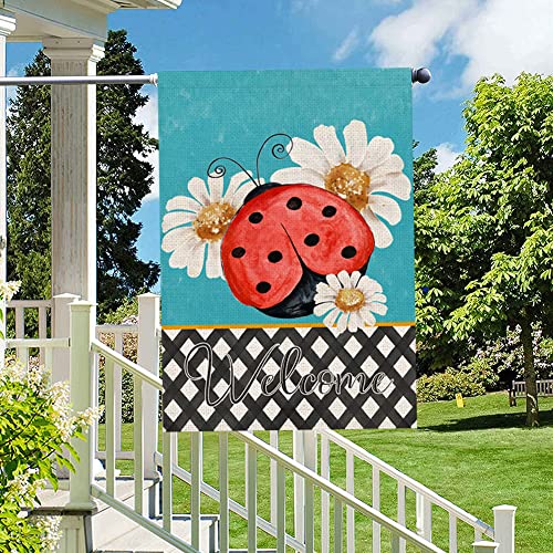 Qinqingo Ladybug Daisy Welcome House Flag 28" X 40" Vertical Double Sided Burlap Spring Summer House Flag For Garden Lawn Yard Outdoor Decorations (Hf-01) #TOP5