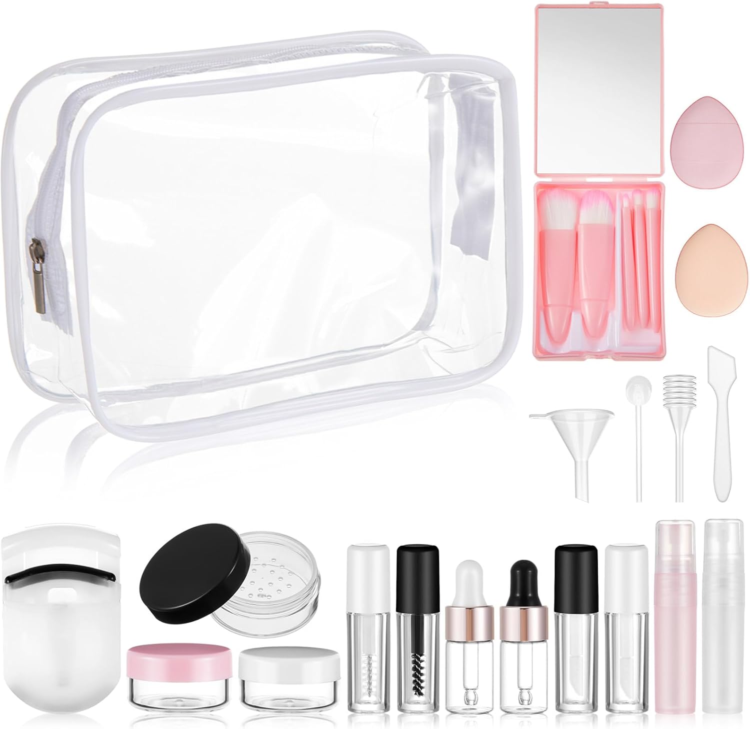 Maxdot 20 Pack Travel Makeup Containers Set Mini Makeup Brush Empty Bottles Kit with Finger Puff Spatulas Leak Proof Refillable Cosmetic Accessories for Liquid Toiletries Skincare Shampoo Mascara